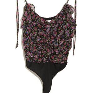 Astr The Label; TIE STRAP RUFFLE BODYSUIT IN BLACK PURPLE size XS